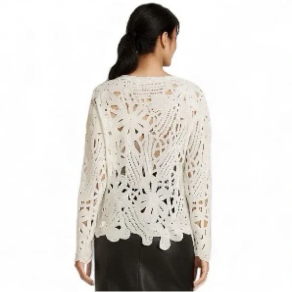 WD·NY Ivory Openwork Crochet Sweater Scalloped Hem Boho Romantic M Holiday Gift - Picture 6 of 11